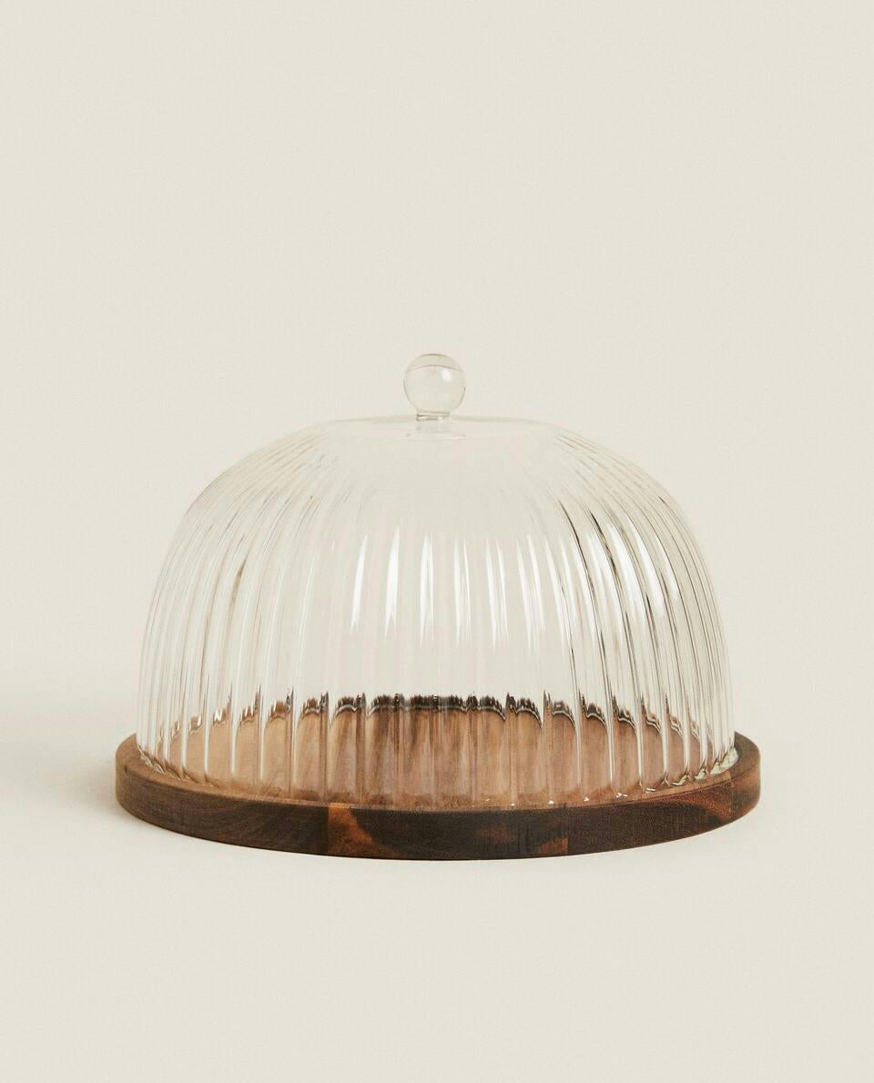 WOODEN AND GLASS CAKE PLATE